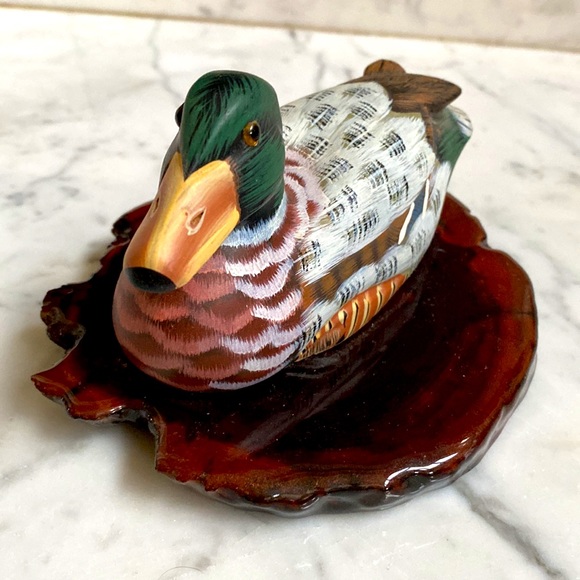Hand Carved and Painted Mallard on Wood Stand - Picture 4 of 5